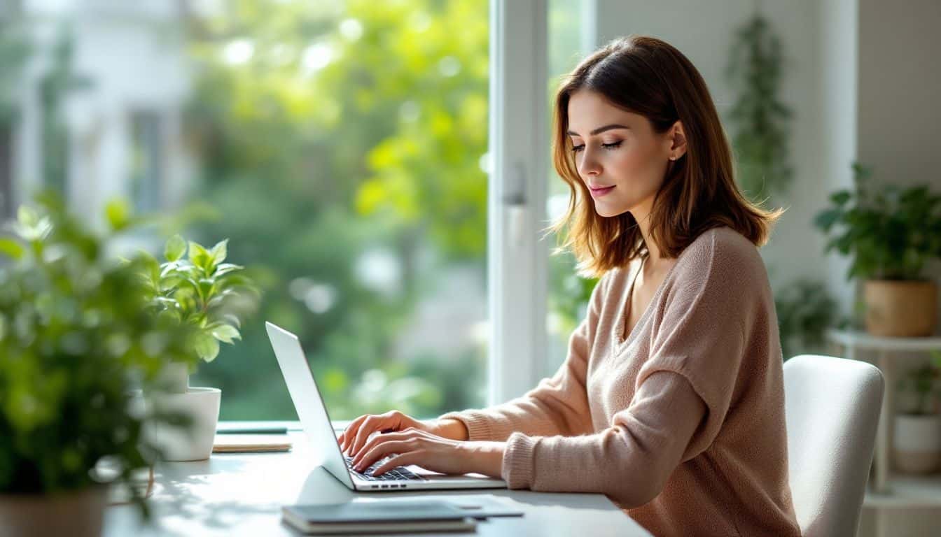 A woman in her 30s is working on her laptop in a tidy home office with a garden view.