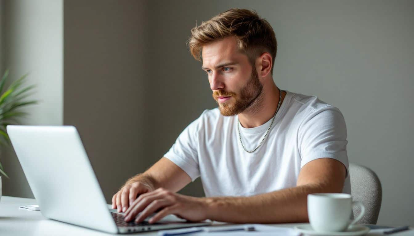 A man in his mid-30s sits at a desk, working on a laptop with a coffee mug in hand.