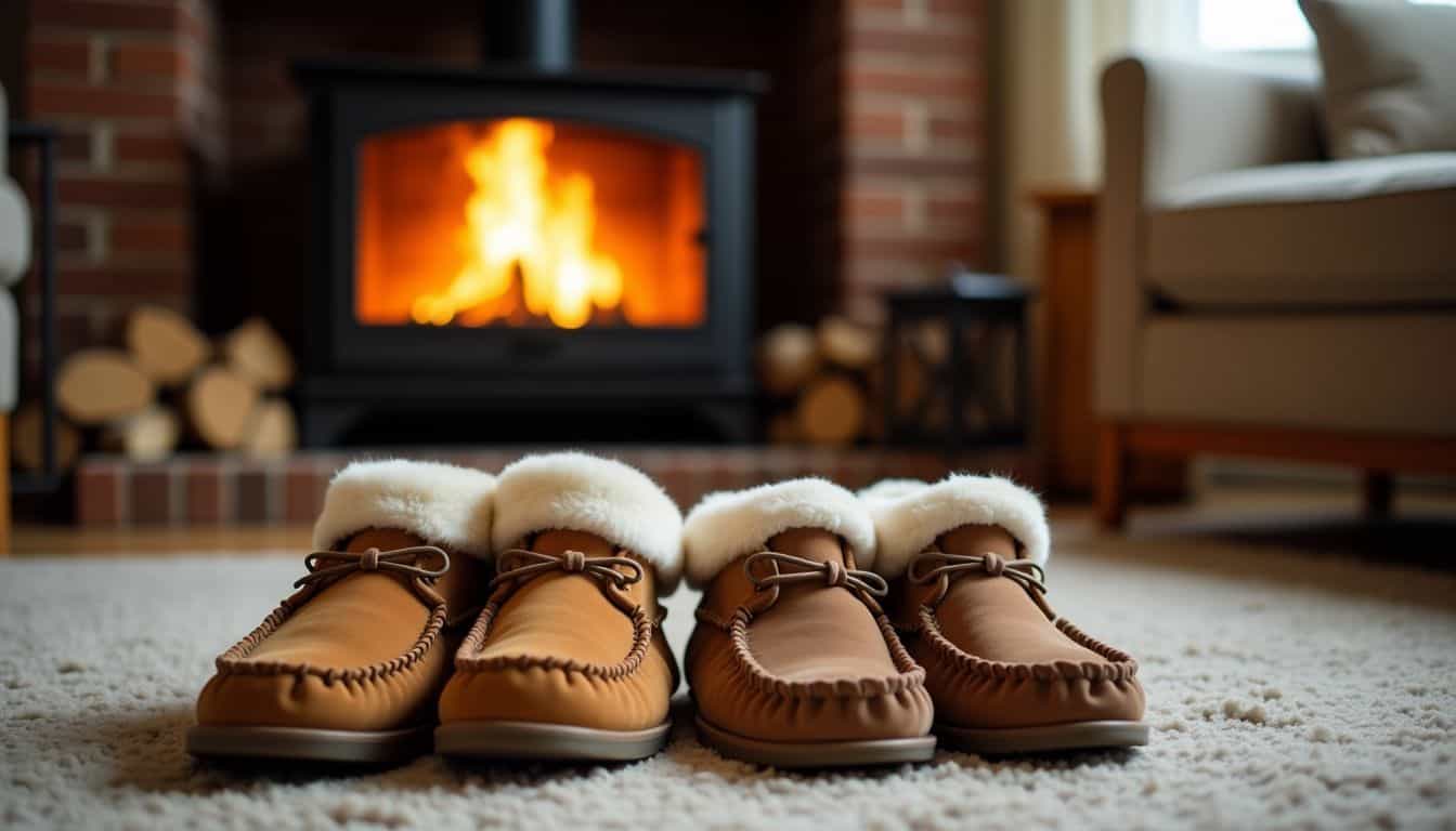 A cozy living room with slippers by a fireplace.