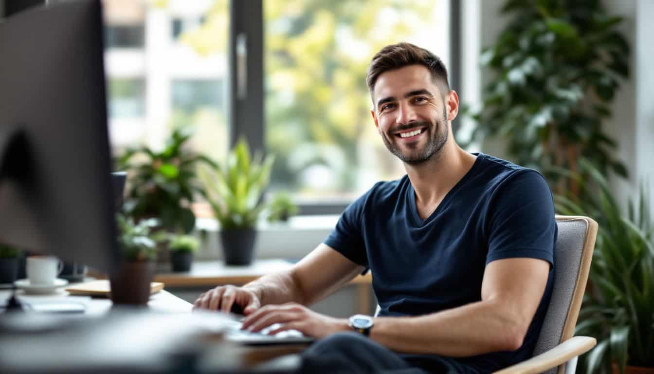 A man in his mid-30s is working from a modern home office.