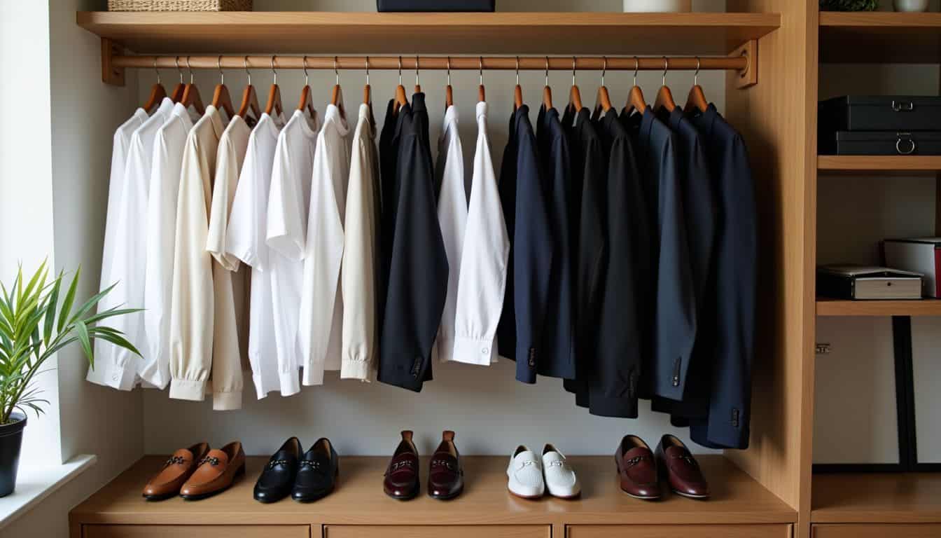 A well-organized closet with work-from-home clothing for a cozy home office.