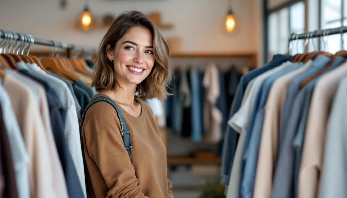 A woman in her 30s browsing through work-from-home clothing in a store.