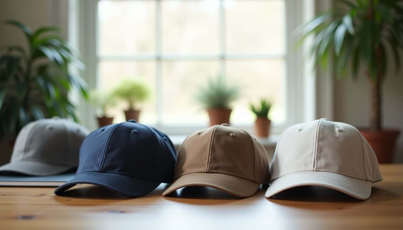 A well-organized home office desk with stylish baseball caps.