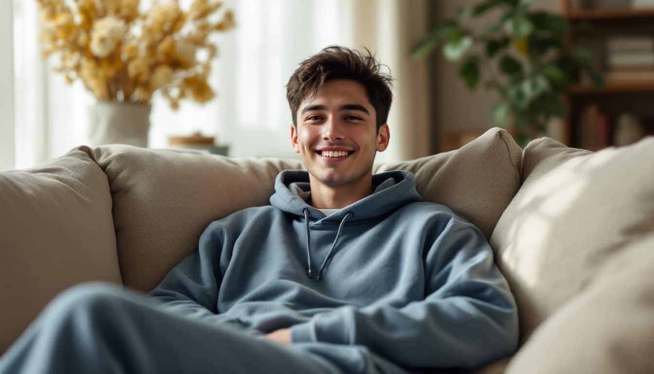 A young man in his 20s wearing a comfortable hoodie relaxes on a couch.