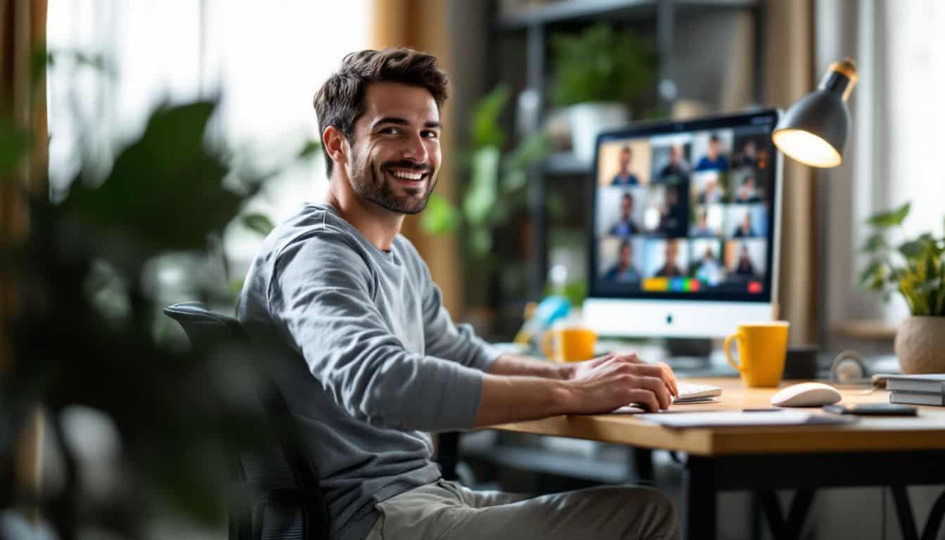 A man in his 30s is working from home on a Zoom call.