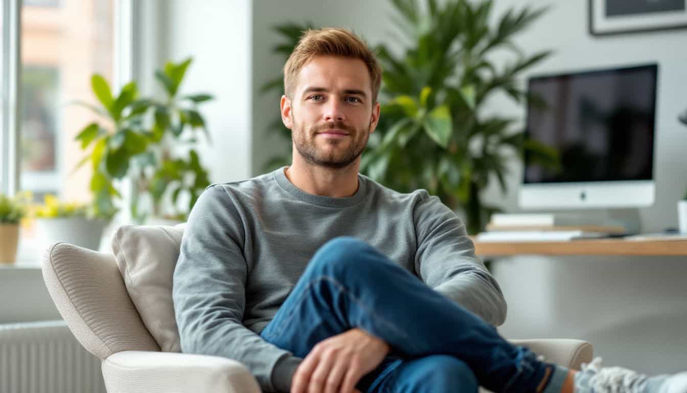 A man in casual outfit sitting in a modern home office.