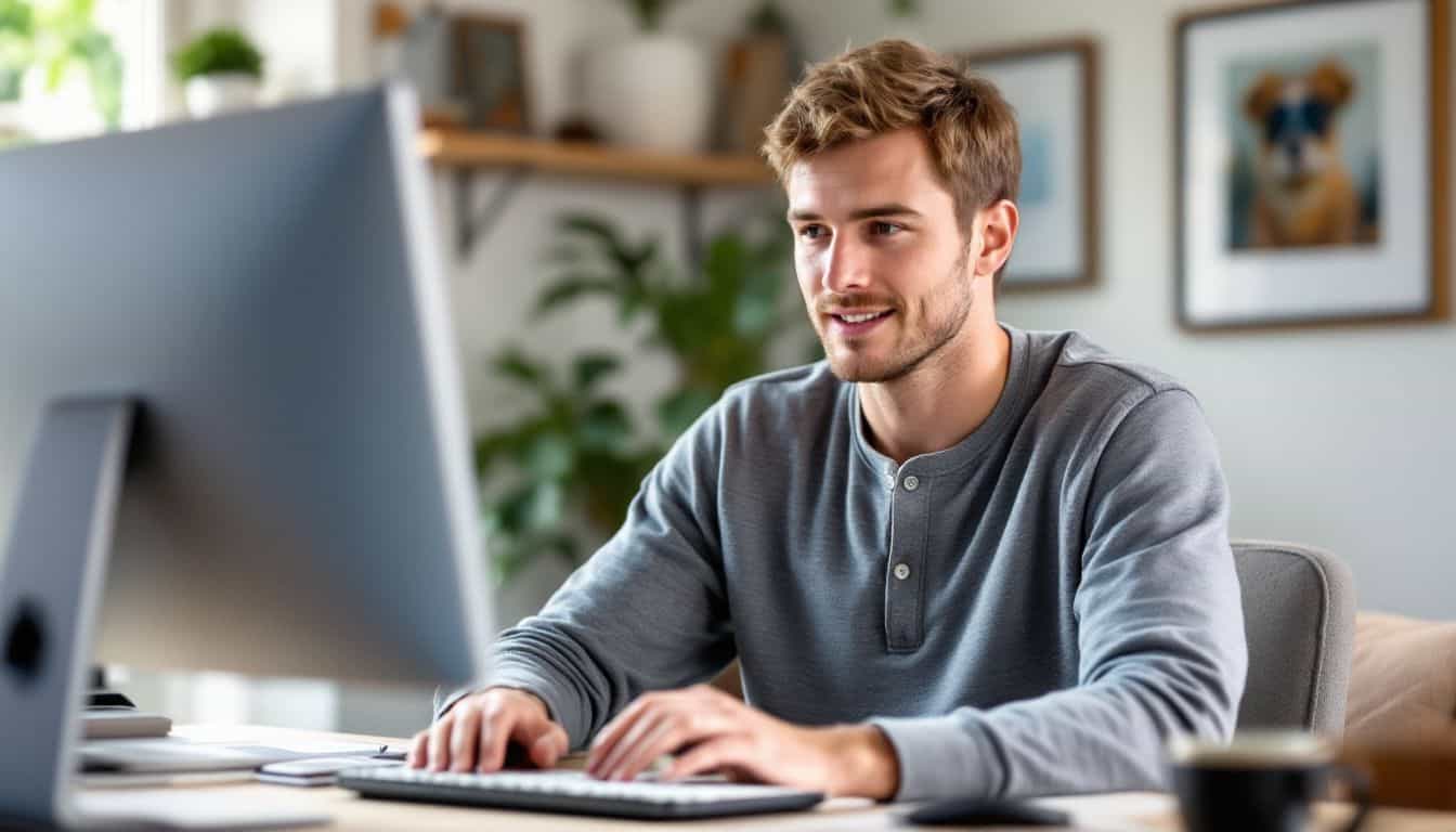 A mid-30s man works from home in a UNTUCKit henley shirt.