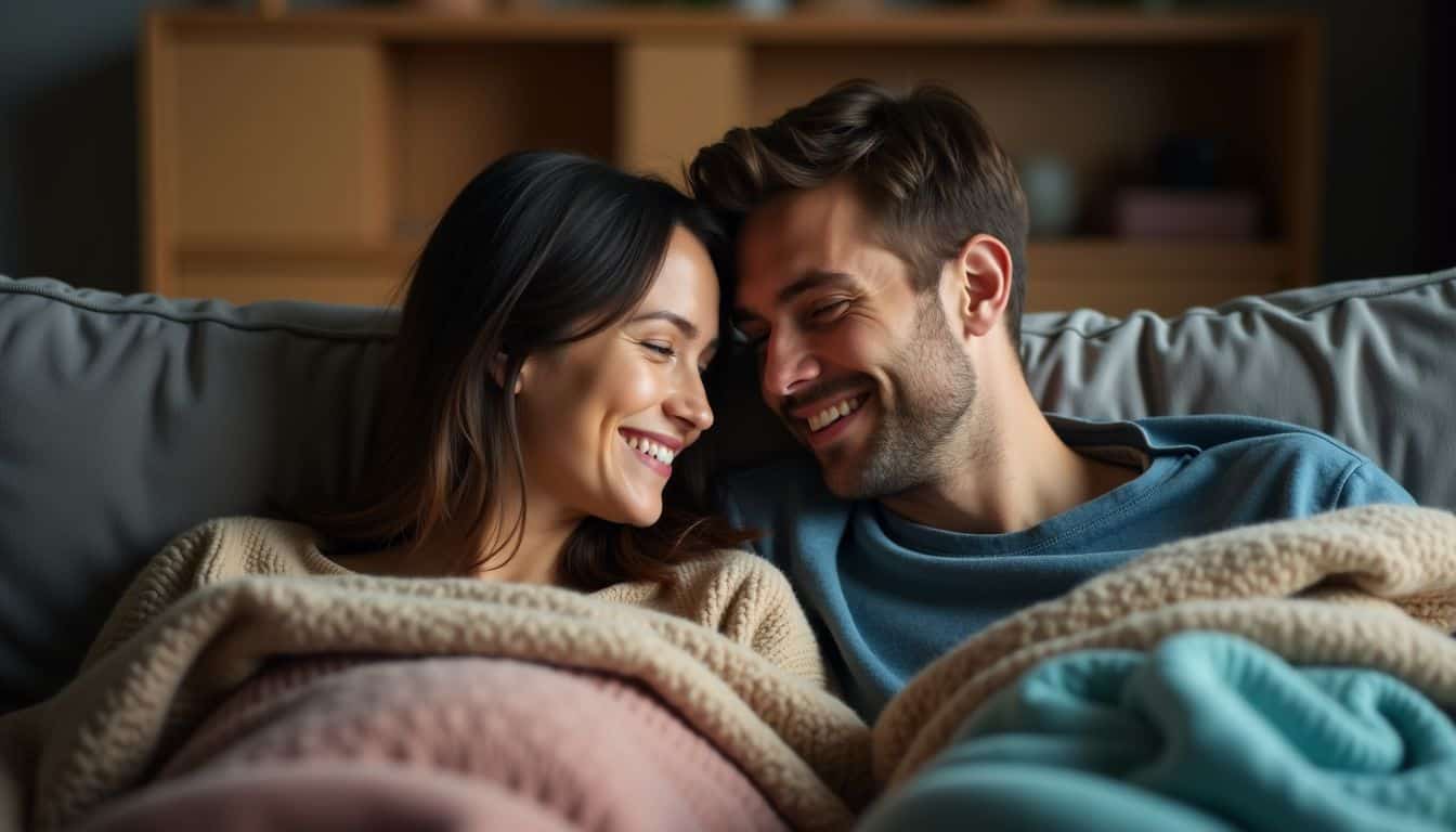 A couple in their 30s cuddling on a cozy couch.