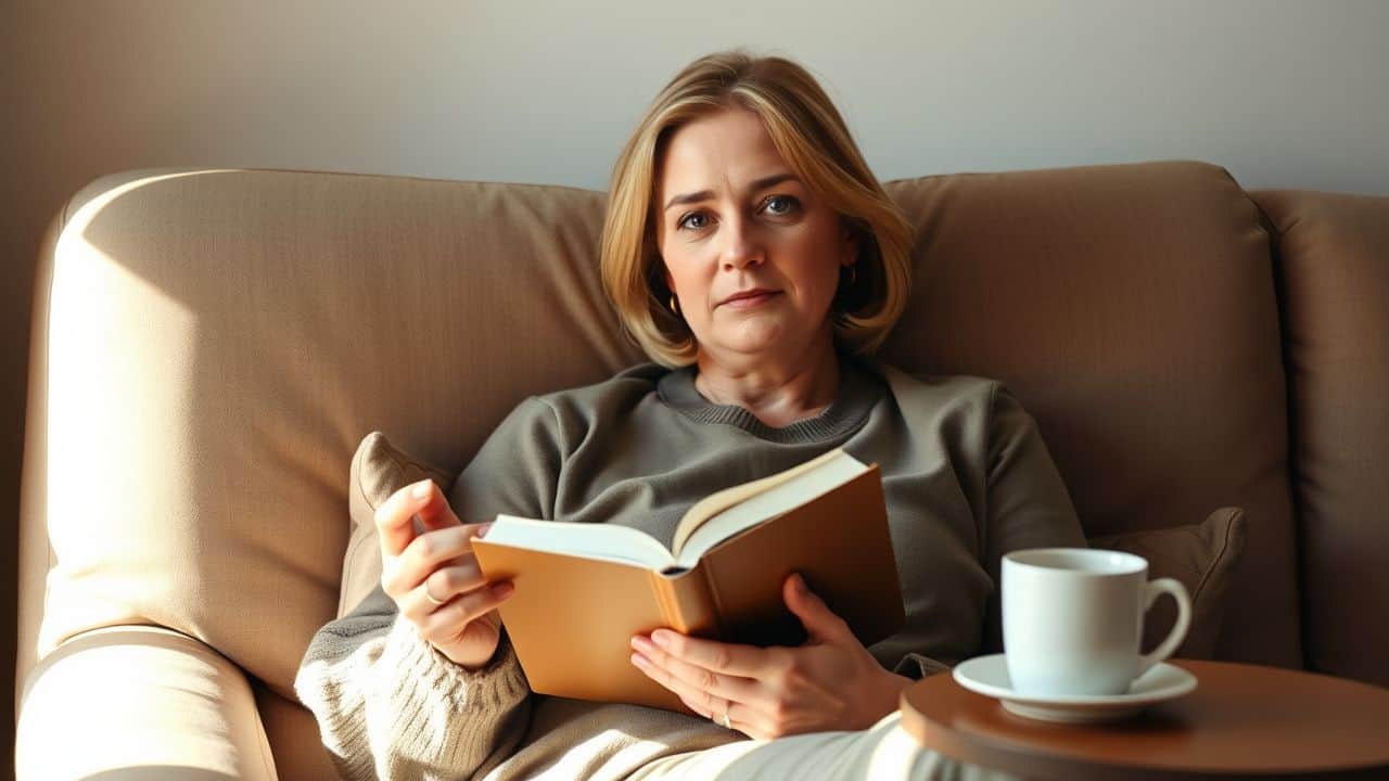 A woman sitting on a sofa, reading a book with a cup of tea.