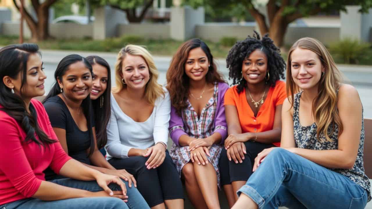 A diverse group of women discussing ideal partner characteristics in casual setting.