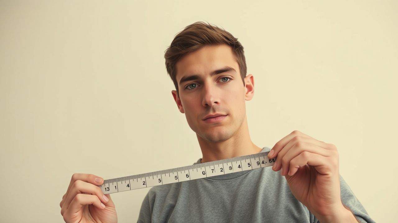 A man measures a six-inch ruler against a plain background.