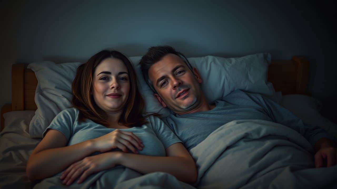 A couple in their 30s lying together in bed, enjoying a quiet moment.