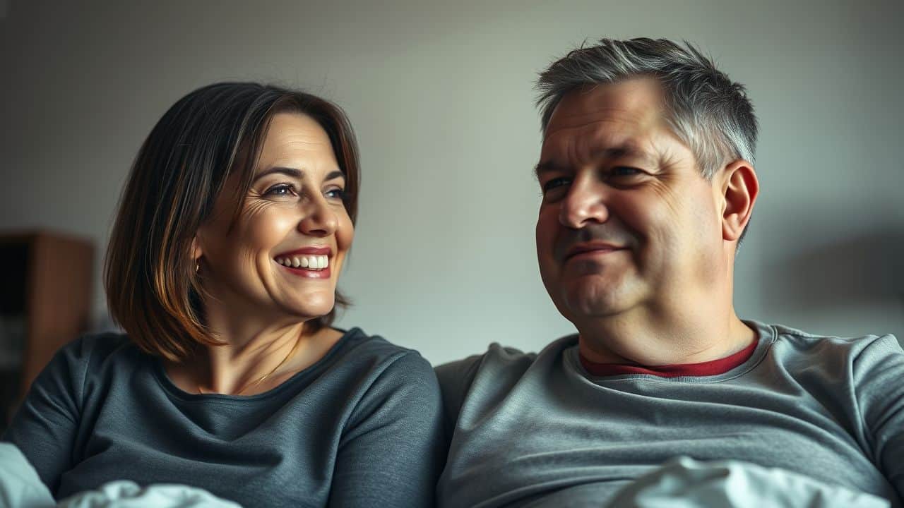 A middle-aged couple in a cozy bedroom sharing a quiet moment.