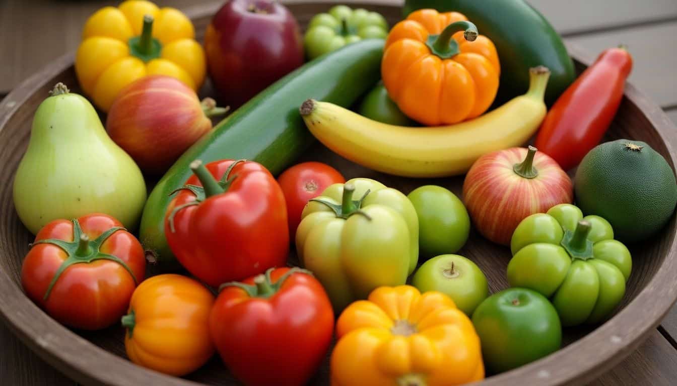 Assorted fruits and vegetables in natural lighting against organic backdrop.