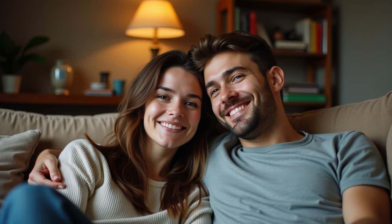 A couple in their thirties sharing a cozy moment on a couch.