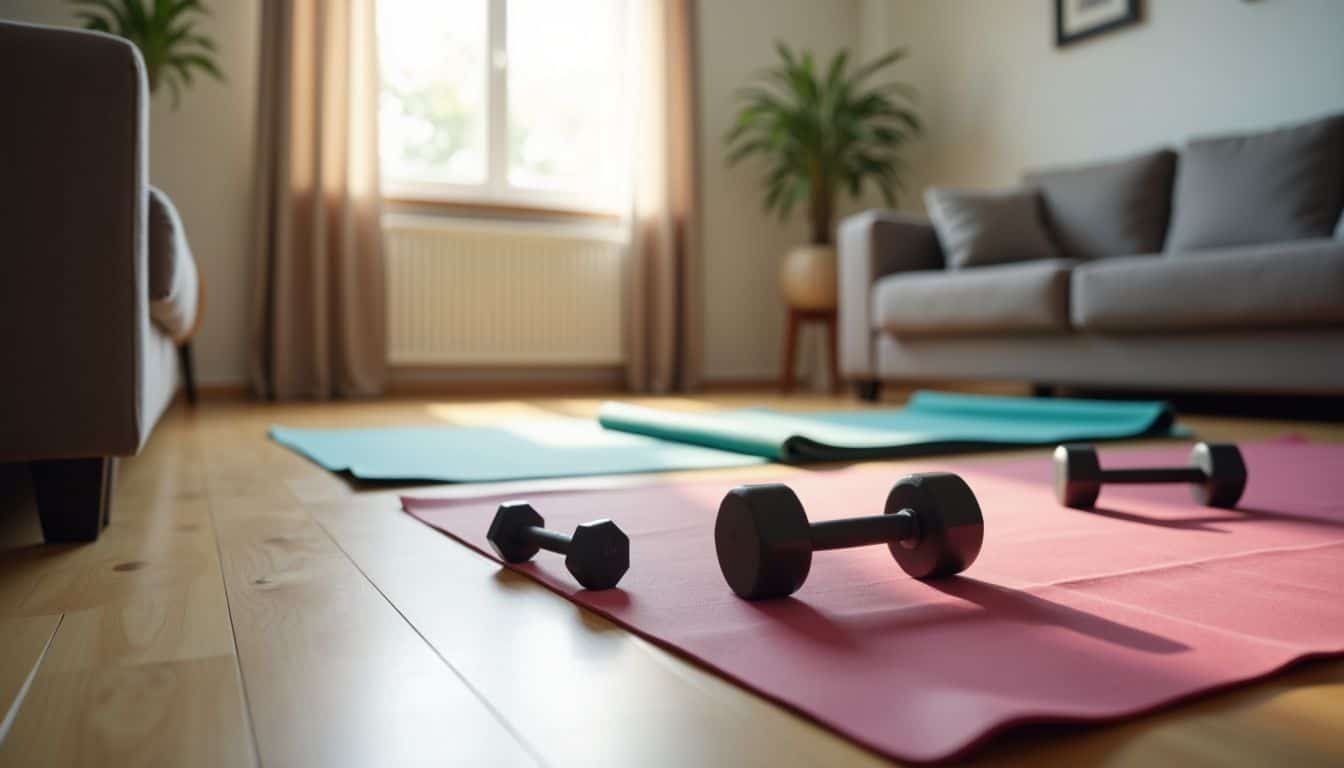 A bright living room with exercise equipment set up for home workout.