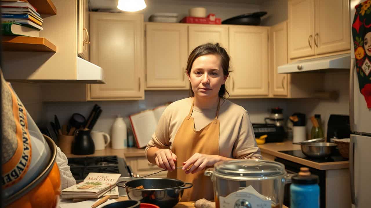 A person experimenting with a new recipe in a cozy kitchen.