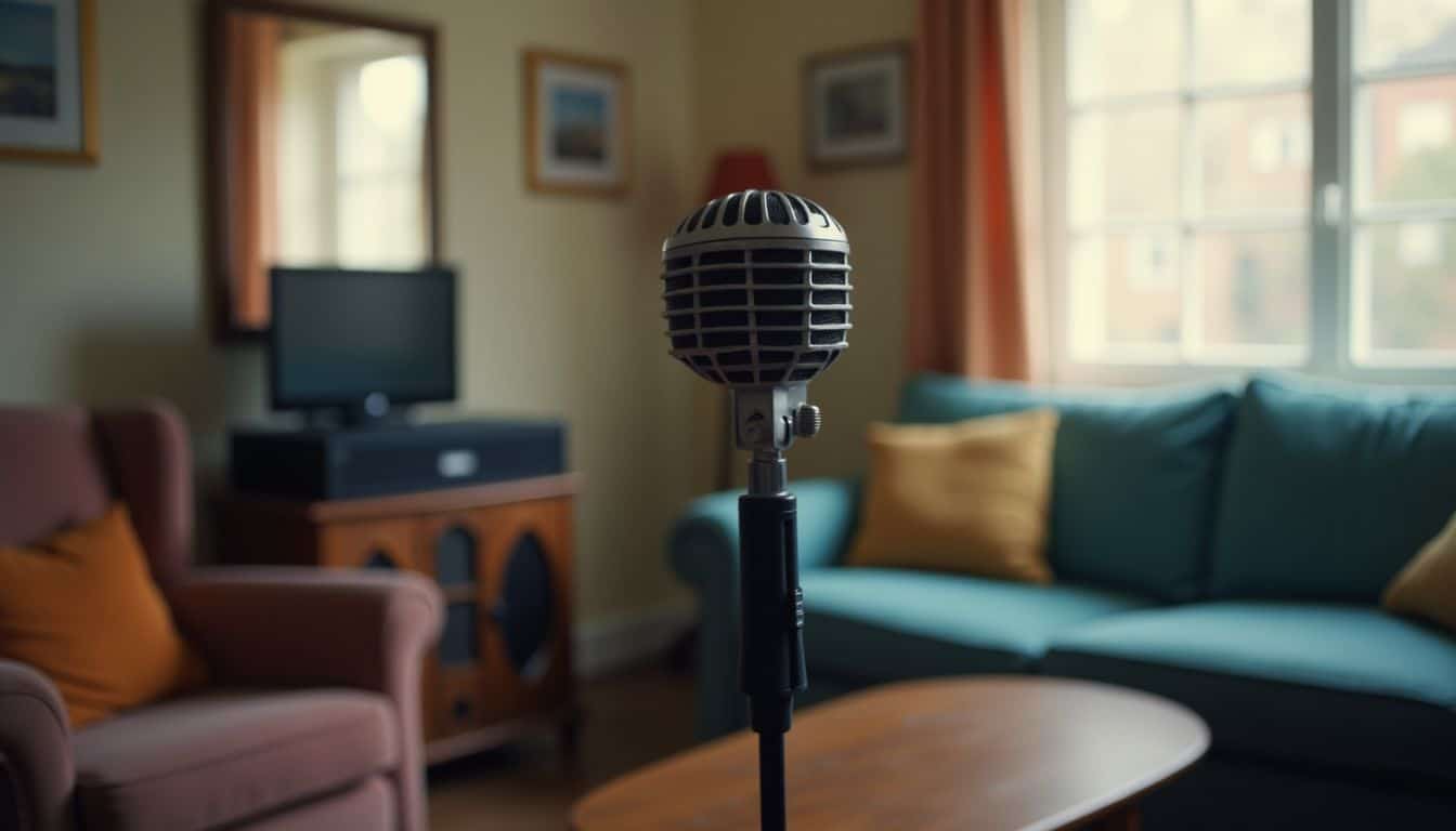 A cozy living room with a karaoke machine and seating.