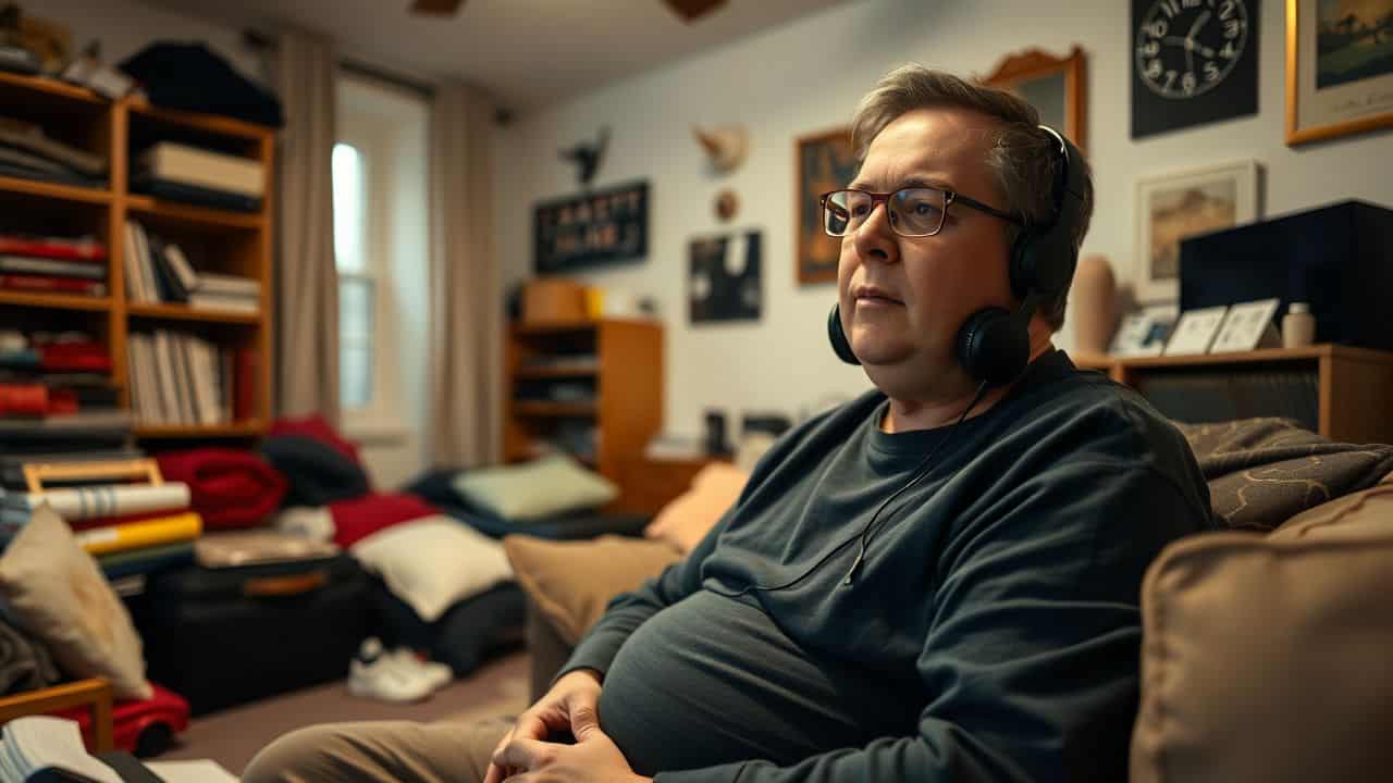 A person in their 30s listening to a mental health podcast in a cluttered living room.