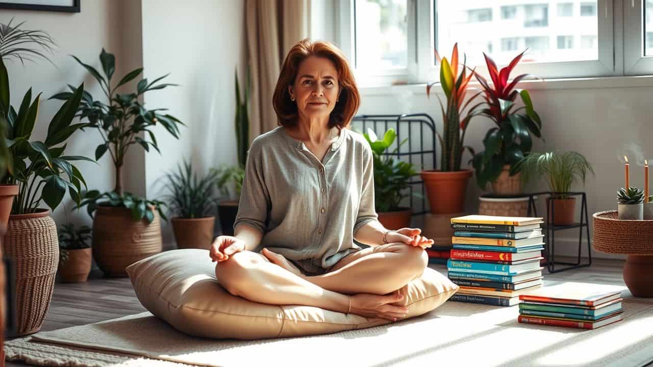 A woman practicing mindfulness in a cozy, plant-filled living room.