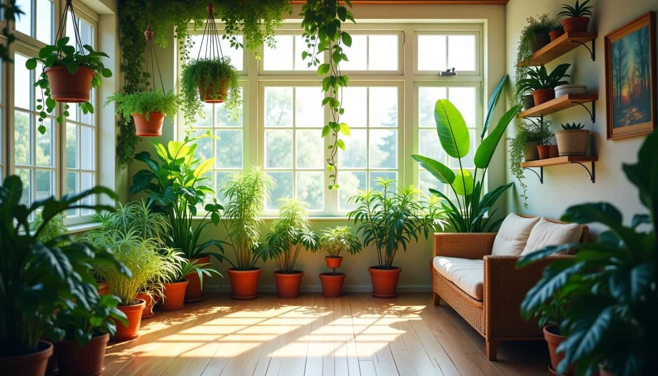 An indoor garden with lush plants creating a peaceful atmosphere.