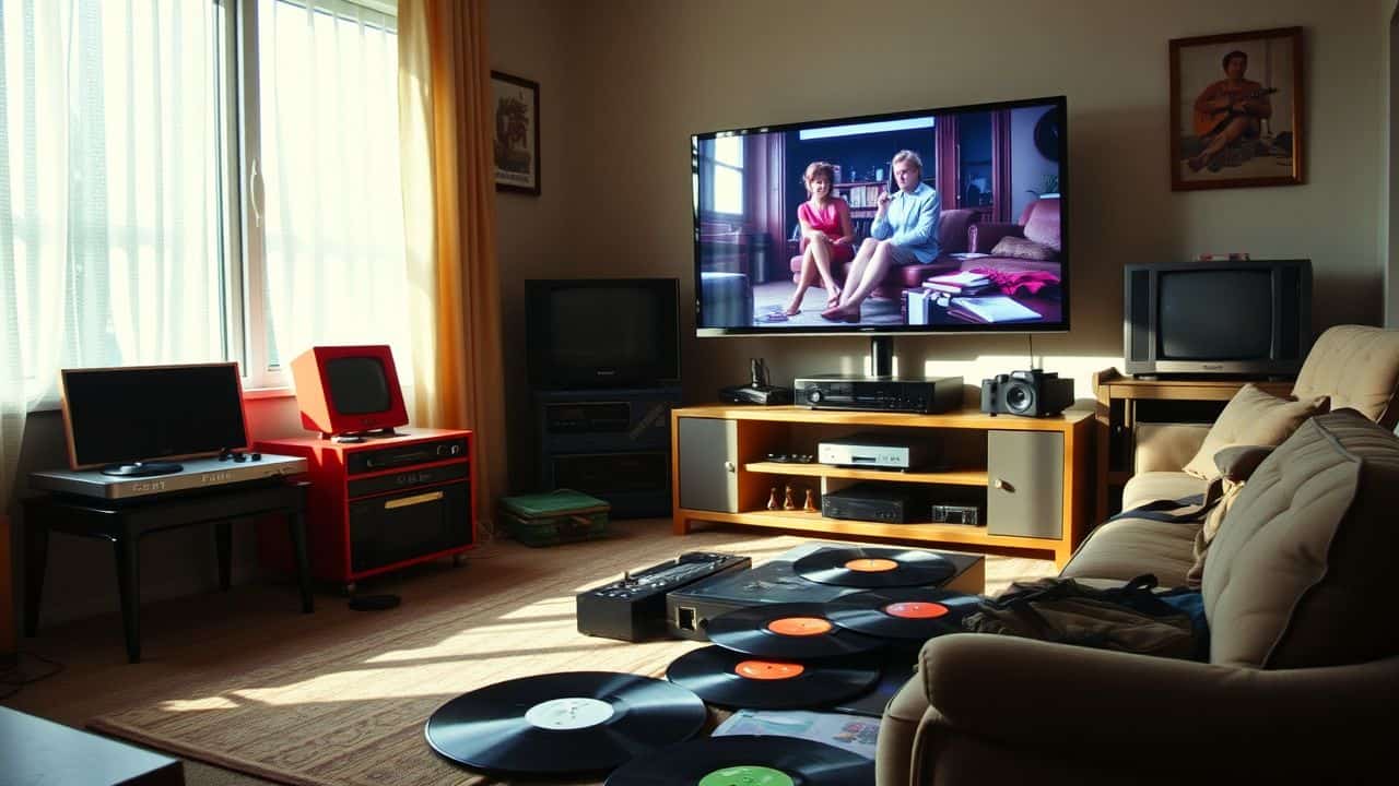 A cozy living room with retro video game consoles and vinyl records.