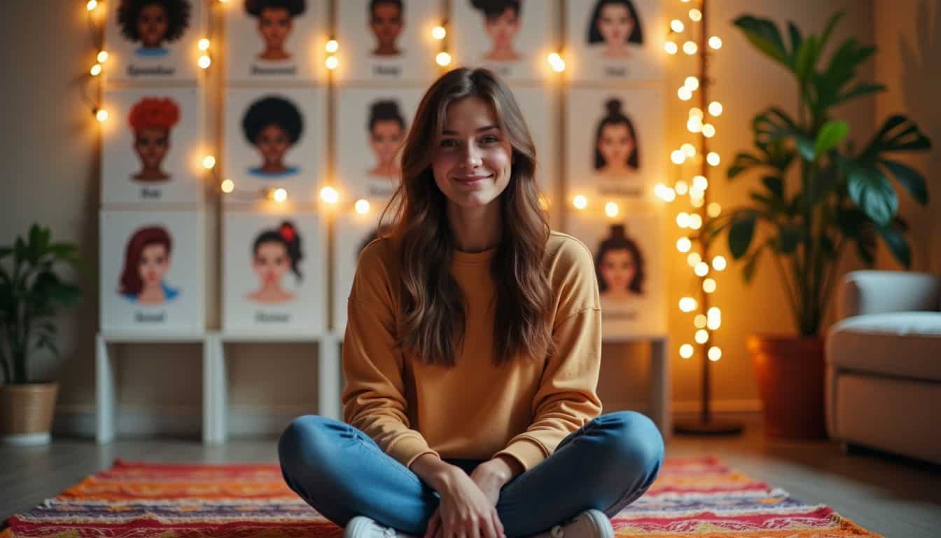 A young adult sits surrounded by bold hairstyle options on a colorful rug.