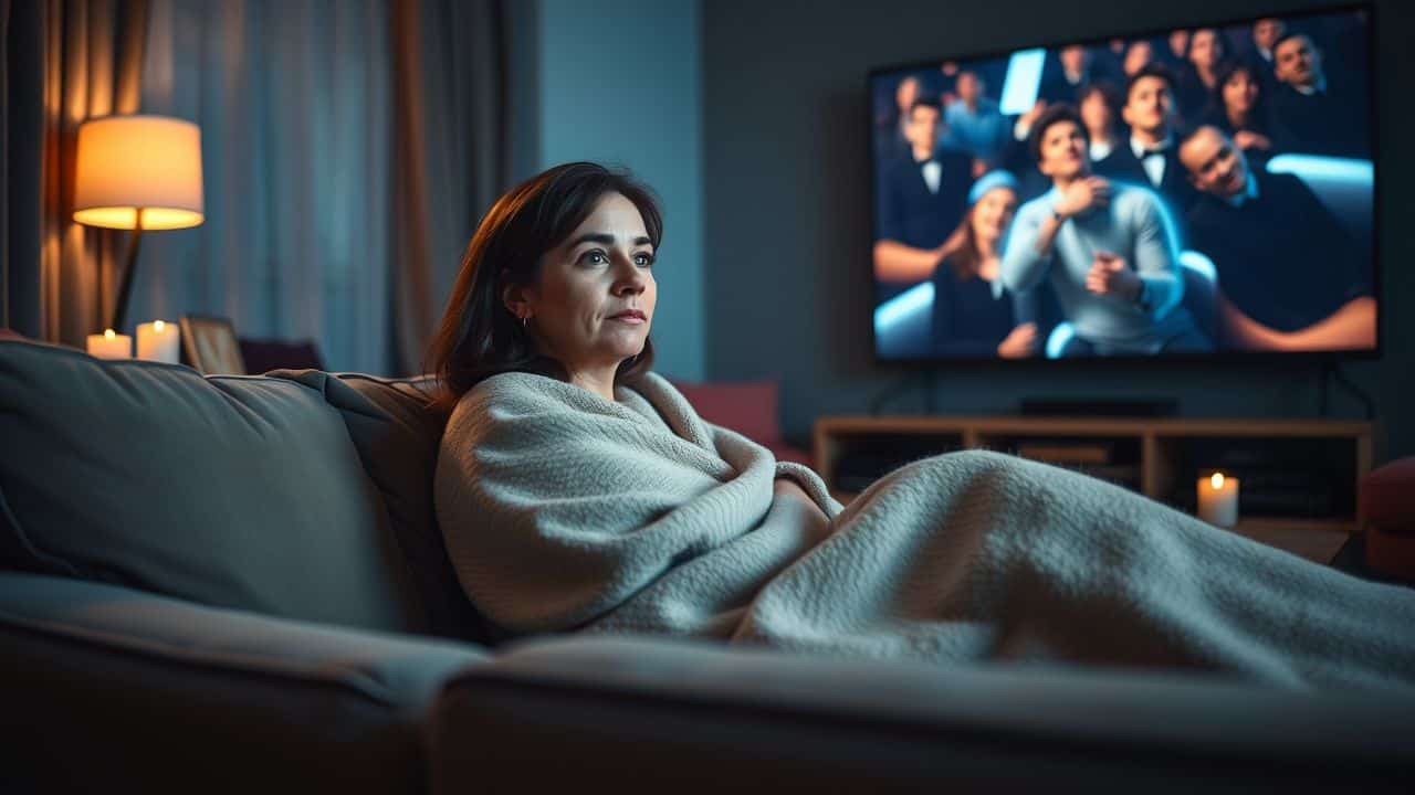 A woman in her 30s is sitting on a cozy couch, enjoying a movie night with popcorn and candles.