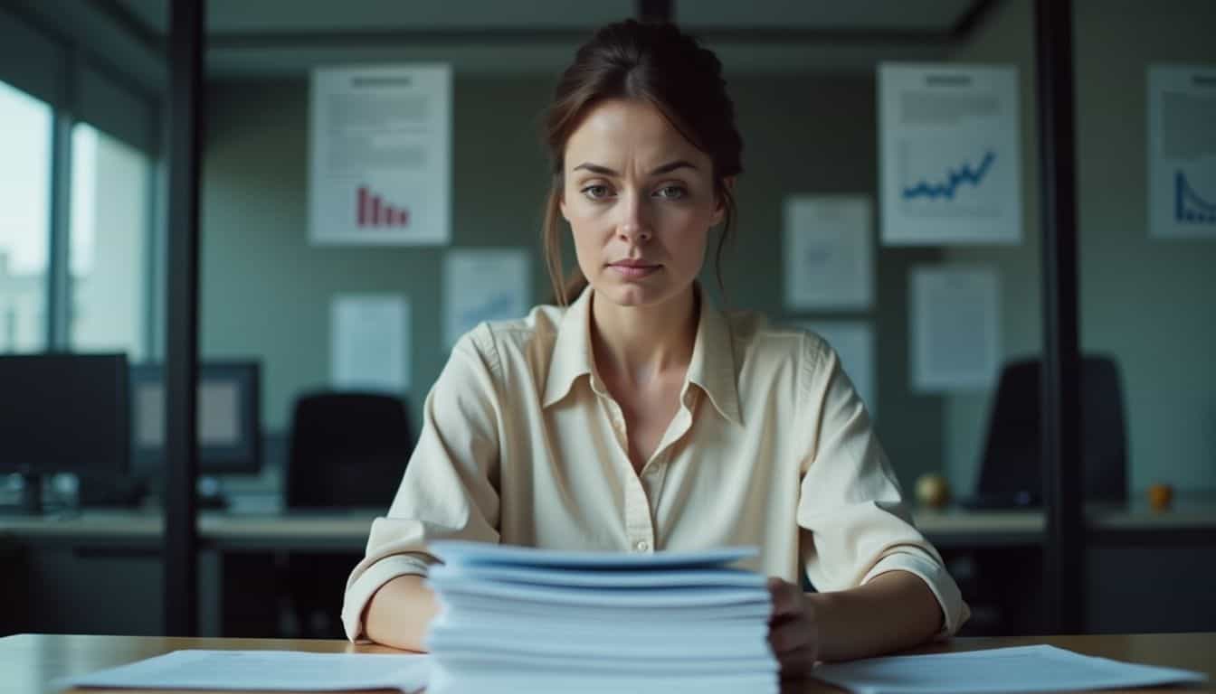 A middle-aged woman in a modern office, reviewing financial documents.