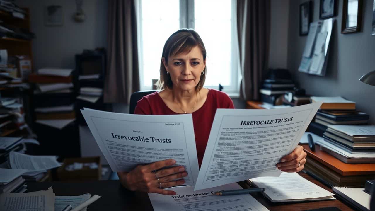 A woman compares legal documents about trusts at a cluttered desk.