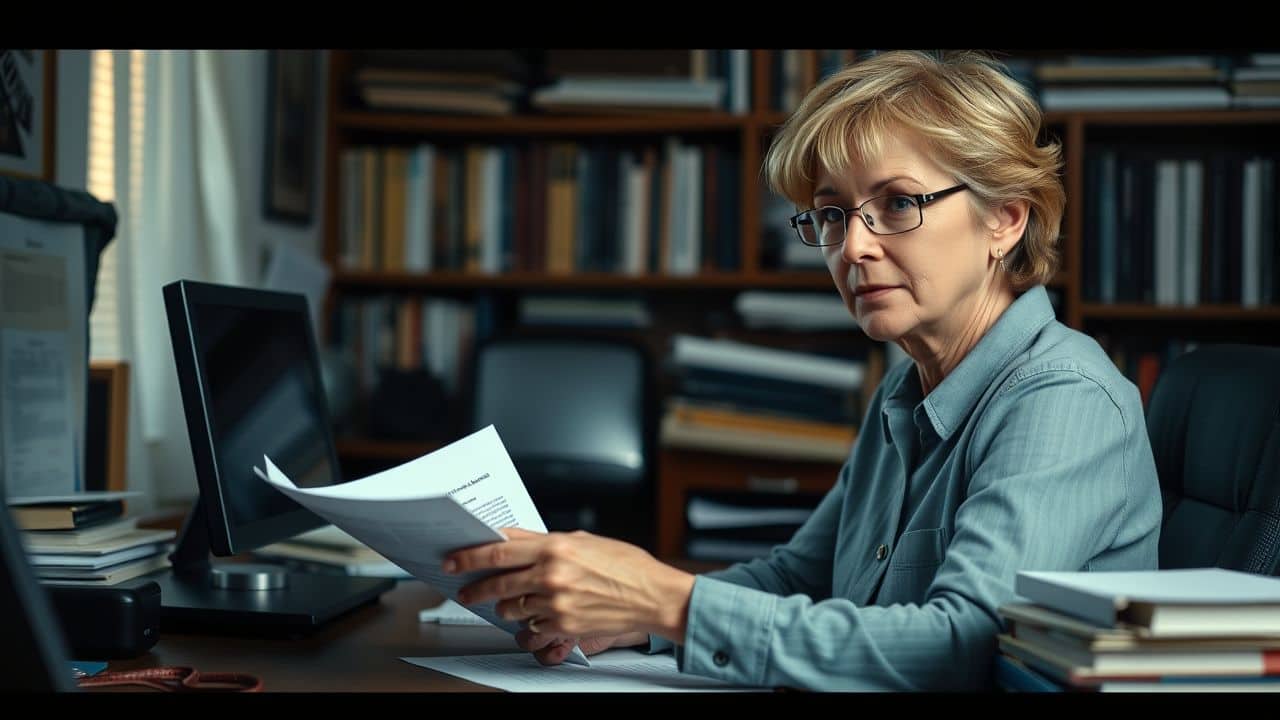 A woman in her 40s reviewing legal documents in a home office.