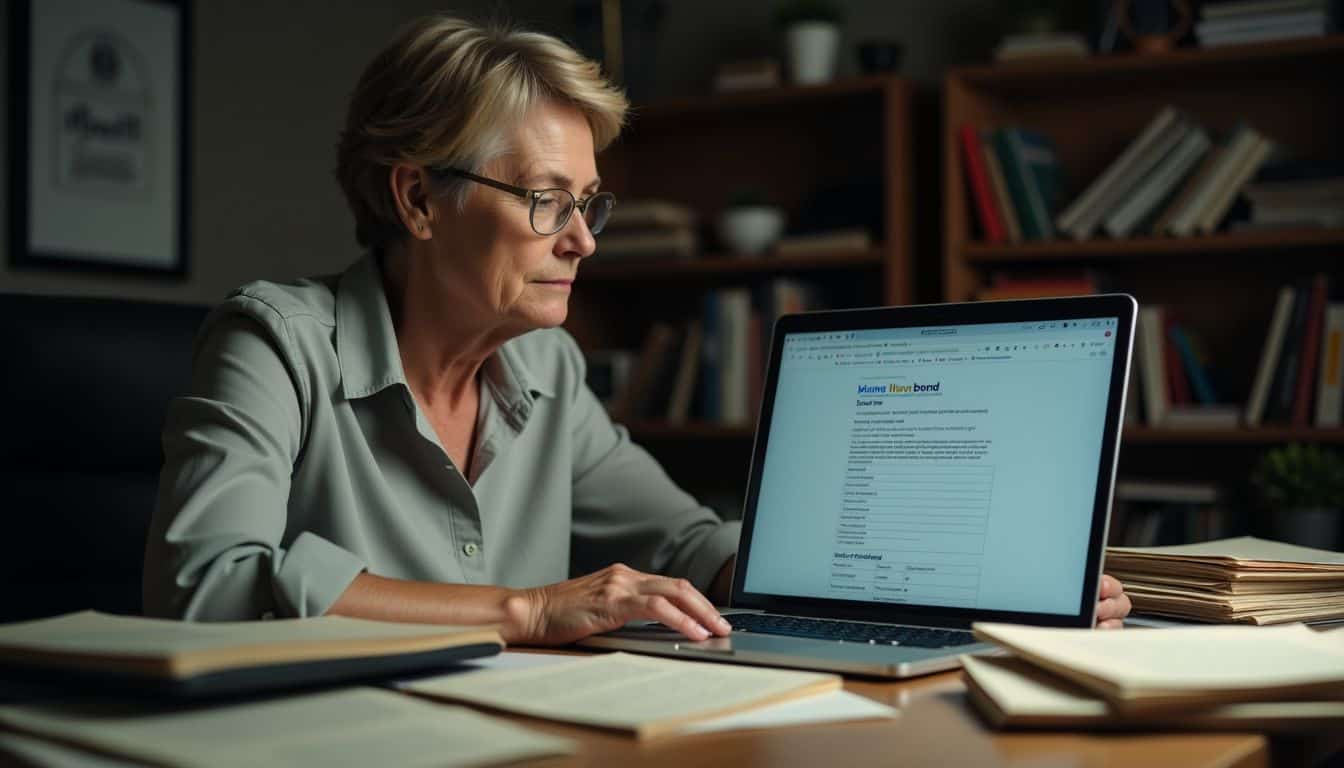 A determined woman is researching estate planning at a cluttered desk.