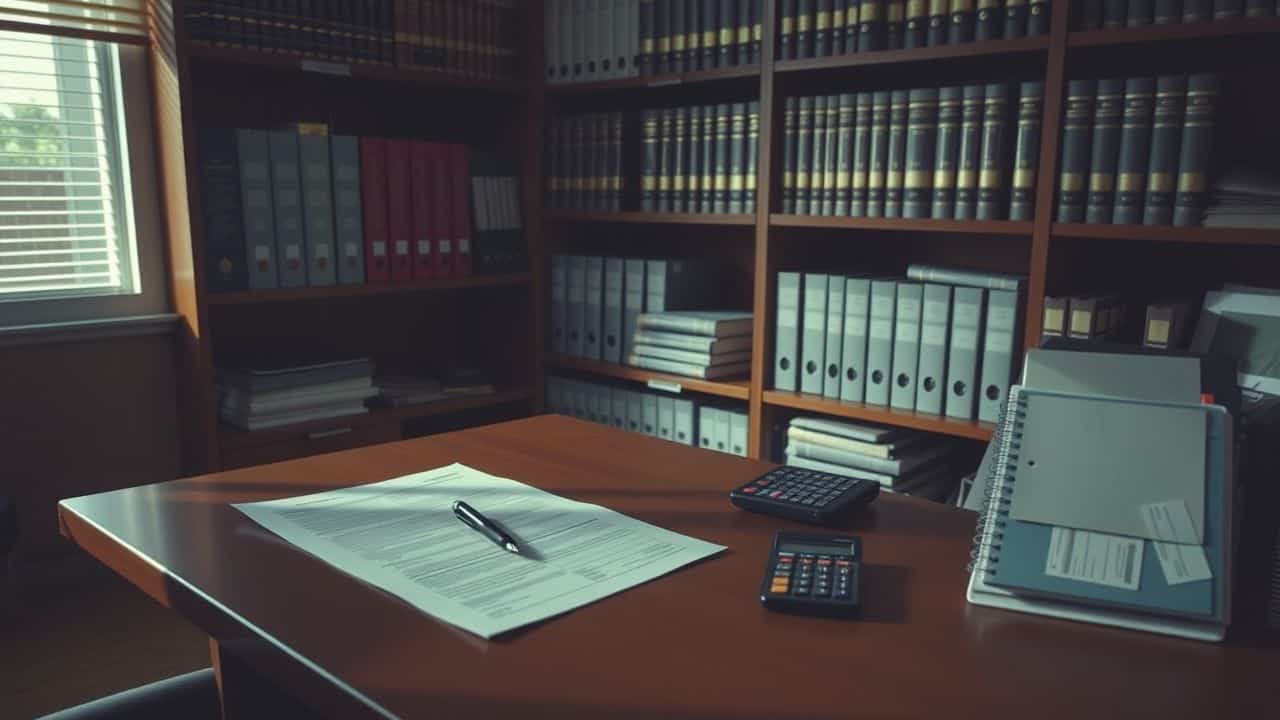 A professional office desk with legal documents and finance books.