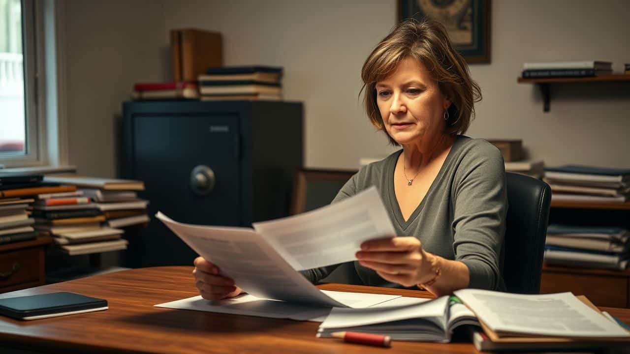 A woman in her 40s reviews legal documents for asset protection.