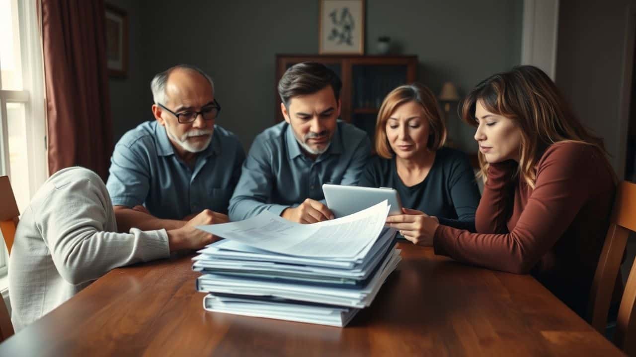 A family discusses financial documents at the dining table.