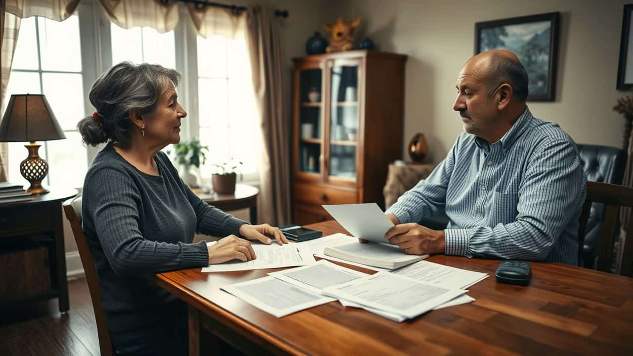 Elderly couple discusses trust options and financial papers in home office.