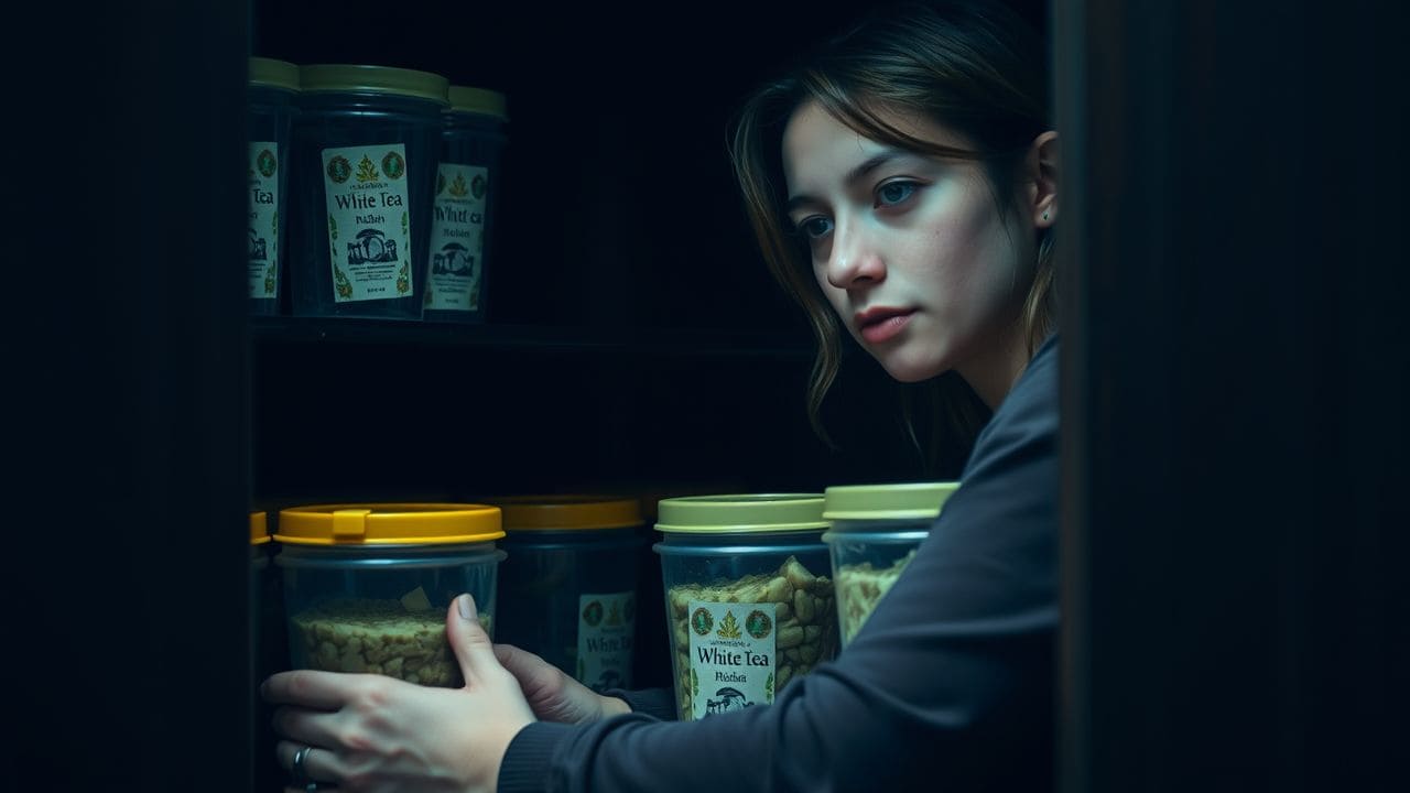 A young woman organizes airtight containers of white tea in a cupboard.