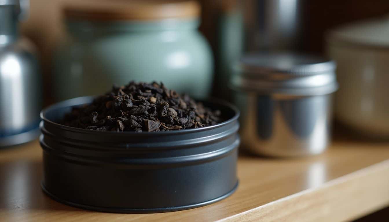 A close-up of a dark metal tin of black tea leaves.