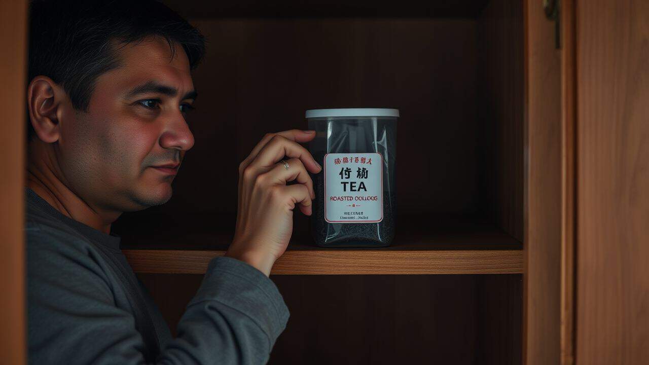 A person is storing a container of roasted oolong tea in a pantry.