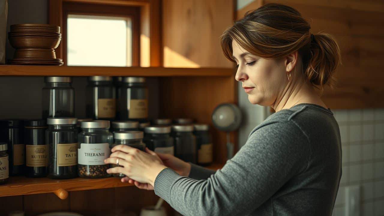 A woman organizes tea containers on a wooden shelf in her kitchen.