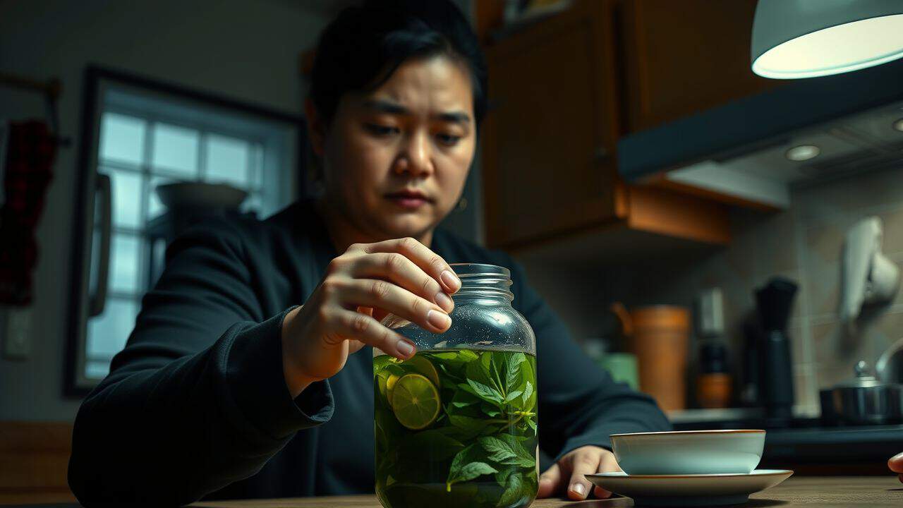 A person sealing a glass jar of fresh green tea in a cozy kitchen.