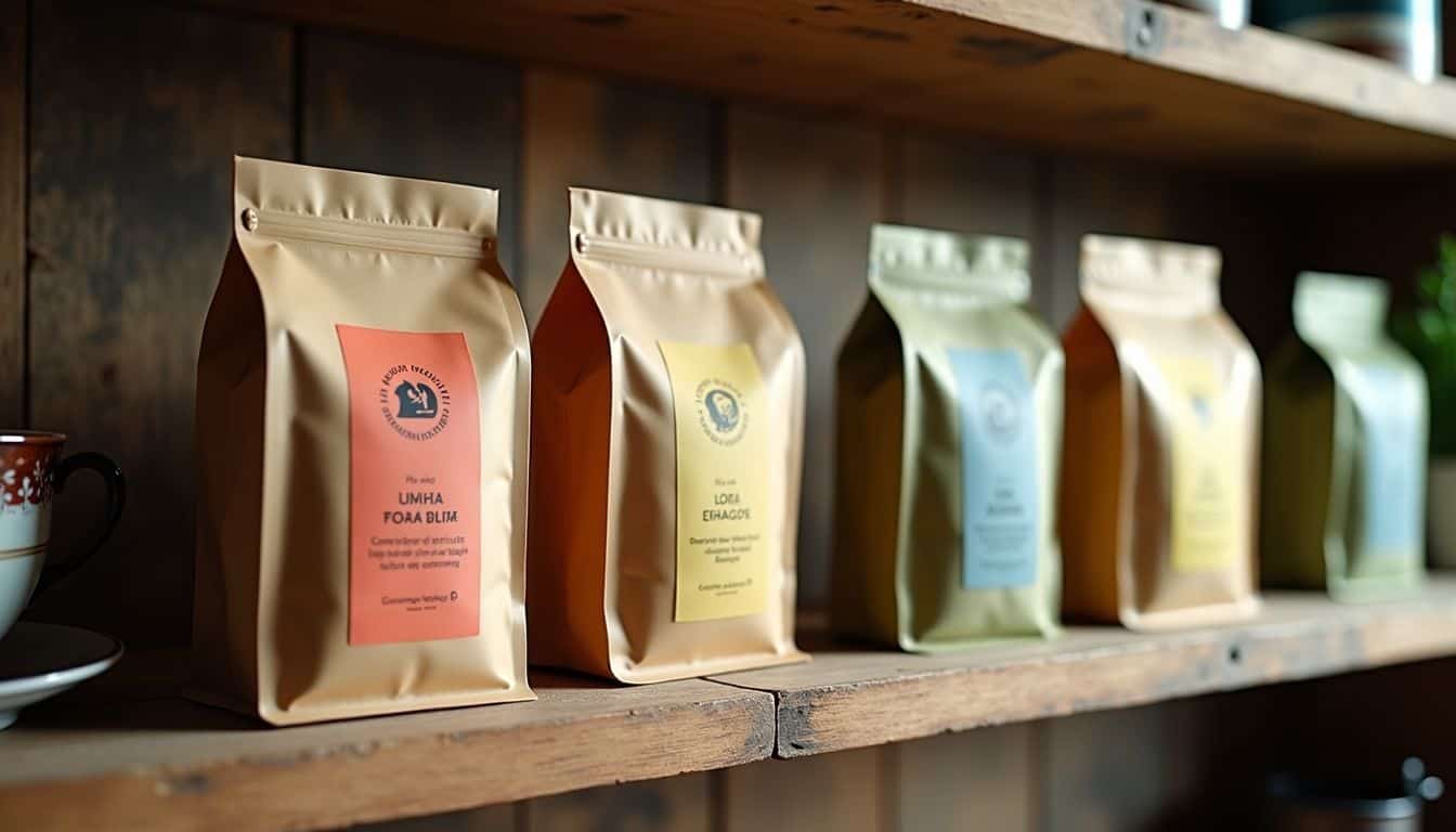 Assorted teas displayed on rustic wooden shelf in cozy kitchen.