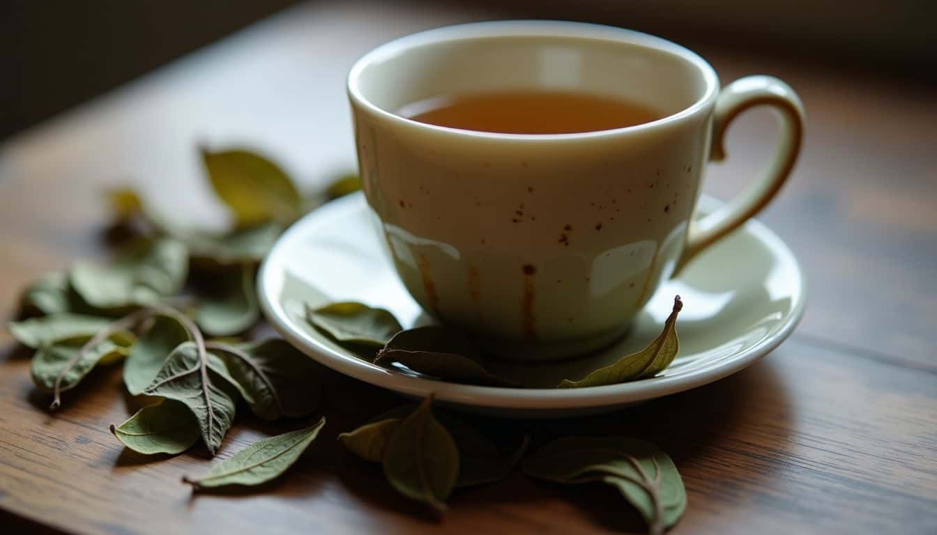 A close-up of a dirty teacup with mold and wilted tea leaves.