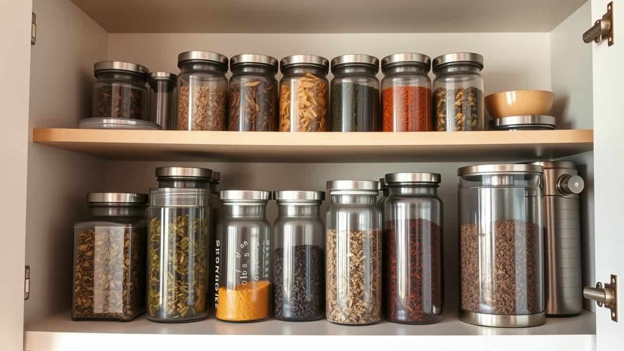 A pantry shelf filled with airtight containers storing loose leaf teas.