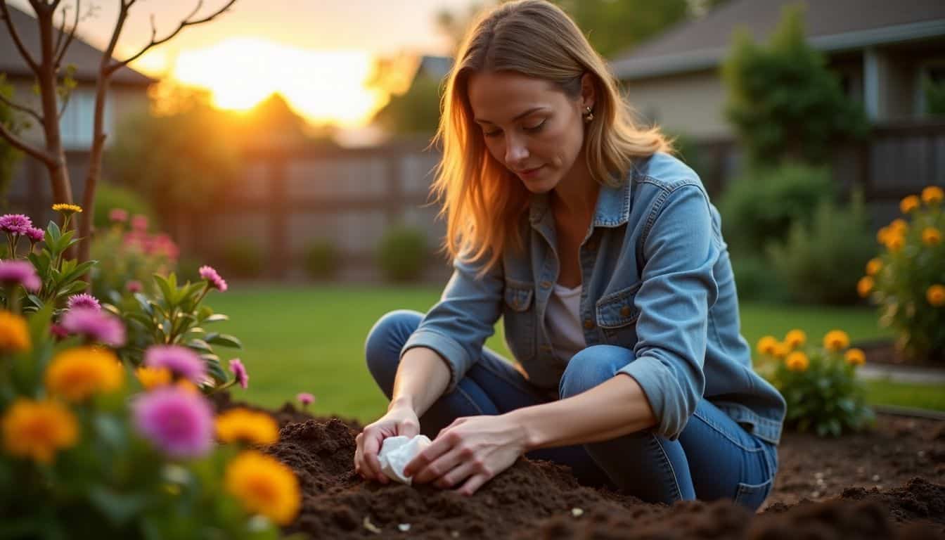 A woman composting expired tea bags in her backyard garden at sunset.