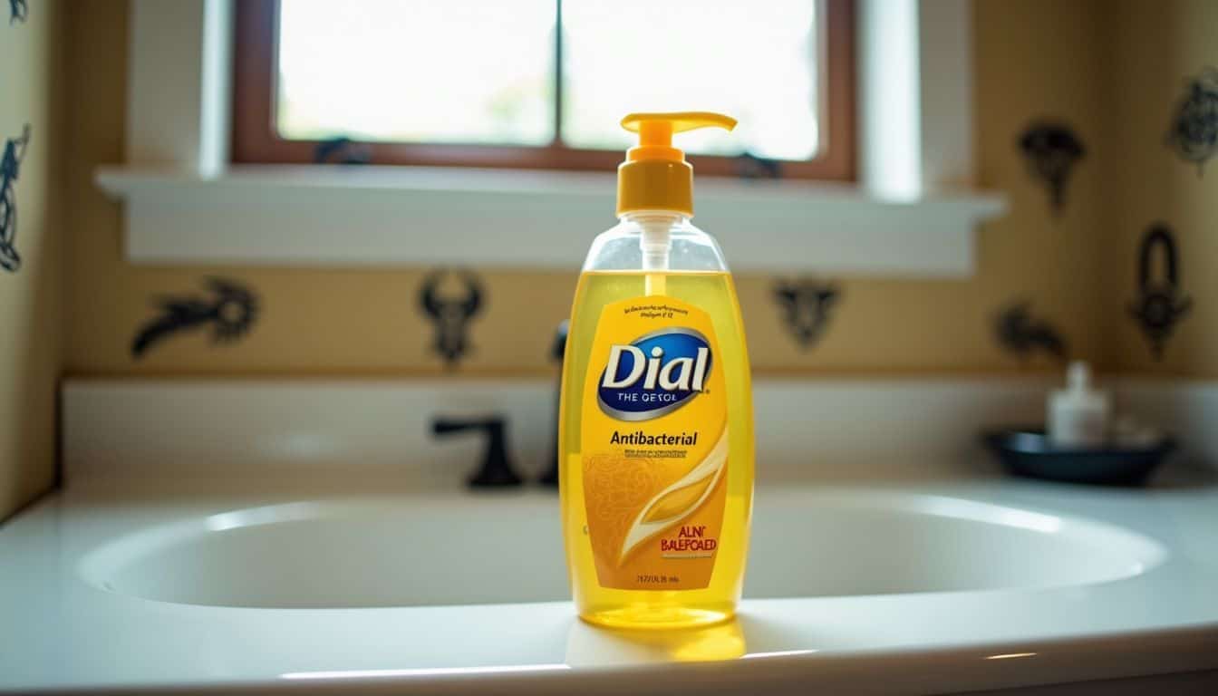 A bottle of Dial Gold soap on white bathroom counter with tattoo designs.