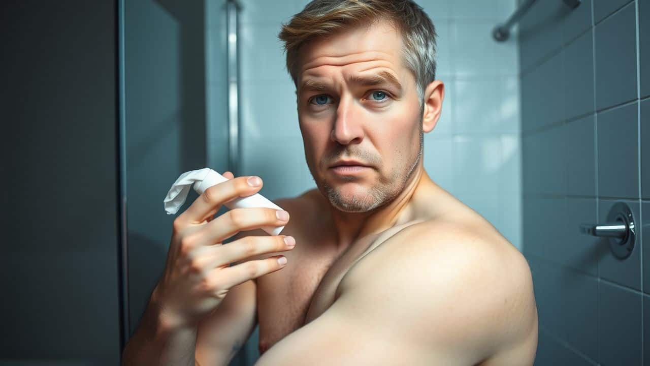 A man is cleaning his healing tattoo with mild soap.