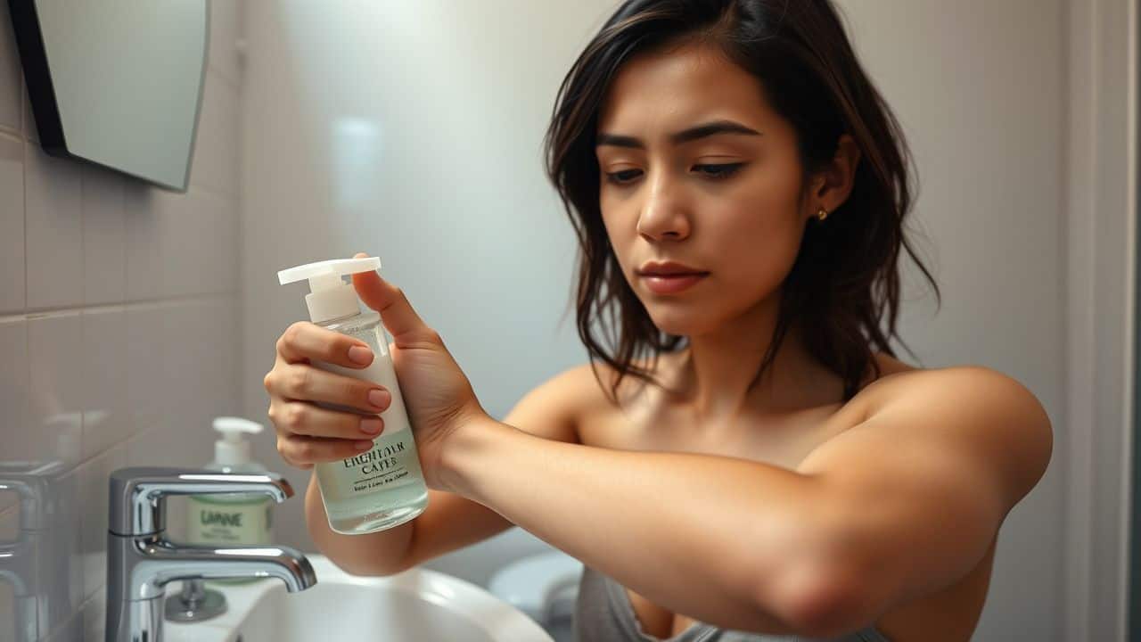 A person in their 20s gently washes a fresh forearm tattoo.