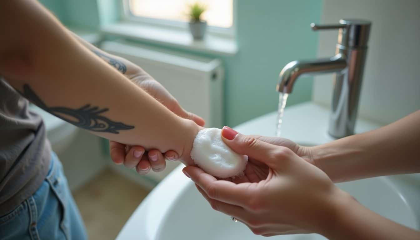 A new tattoo being gently cleaned with soap and water.