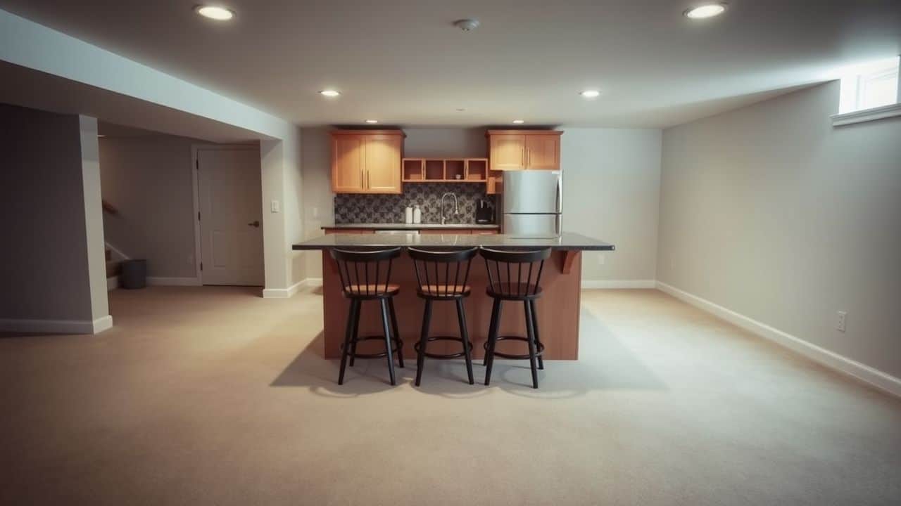 A spacious basement with a 6-foot home bar counter and three stools.